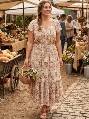 American Eagle Boho Floral Maxi Dress Crochet Lace Tiered Peasant Cream XL